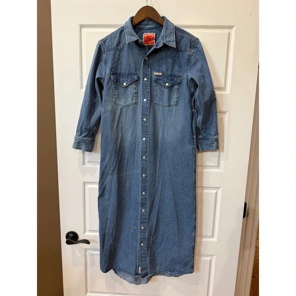 Sendero Annie Denim Pearl Snap Midi Shirt Dress Small Western Cowgirl Ranch